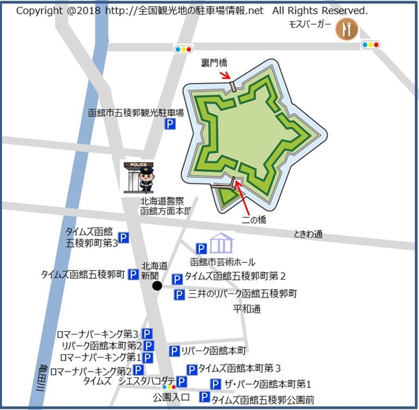 五稜郭周辺にある駐車場の地図