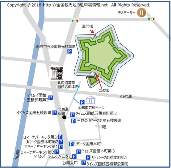 函館市芸術ホール駐車場から五稜郭までのルート