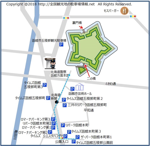 タイムズ函館五稜郭公園前から五稜郭までのルート