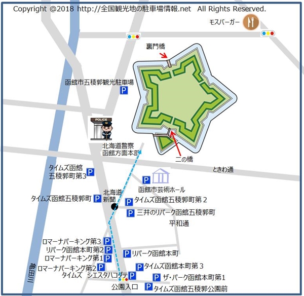 タイムズ　シエスタハコダテから五稜郭までのルート