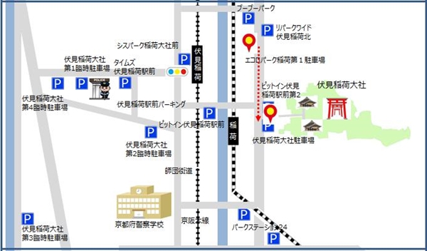 エコロパーク稲荷第1駐車場から伏見稲荷大社までのルート