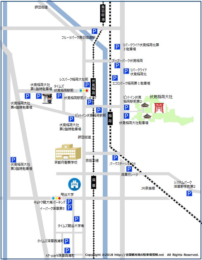 伏見稲荷大社周辺にある駐車場の位置