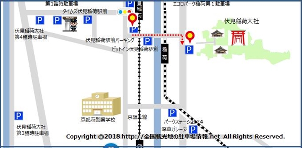 ピットイン伏見稲荷駅前駐車場から伏見稲荷大社までのルート