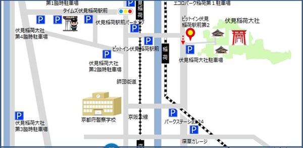 ピットイン伏見稲荷駅前第2から伏見稲荷大社までのルート