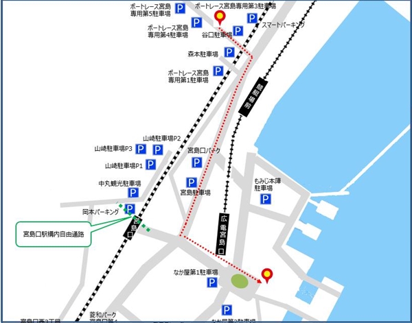 ボートレース宮島専用第3駐車場から宮島口桟橋までのルート