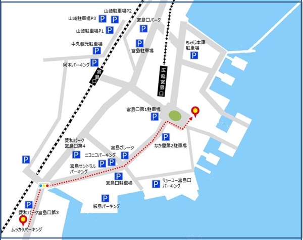 ムラカタパーキングから宮島口桟橋までのルート